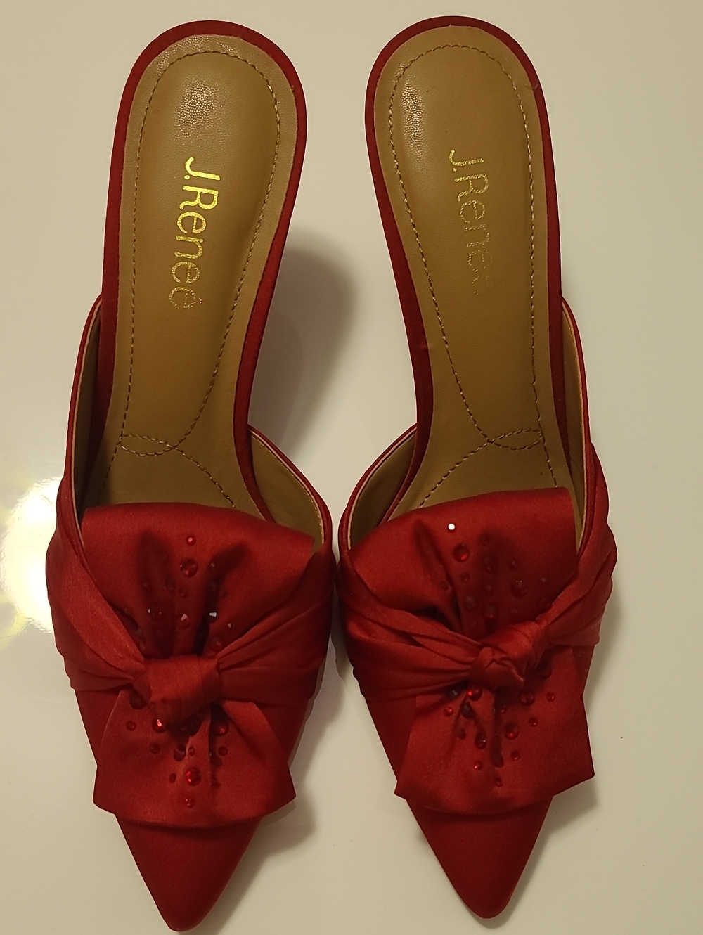 J.Renee Red Satin Pointed-Toe Knot Mules with Rhinestone Detail Size 8.5